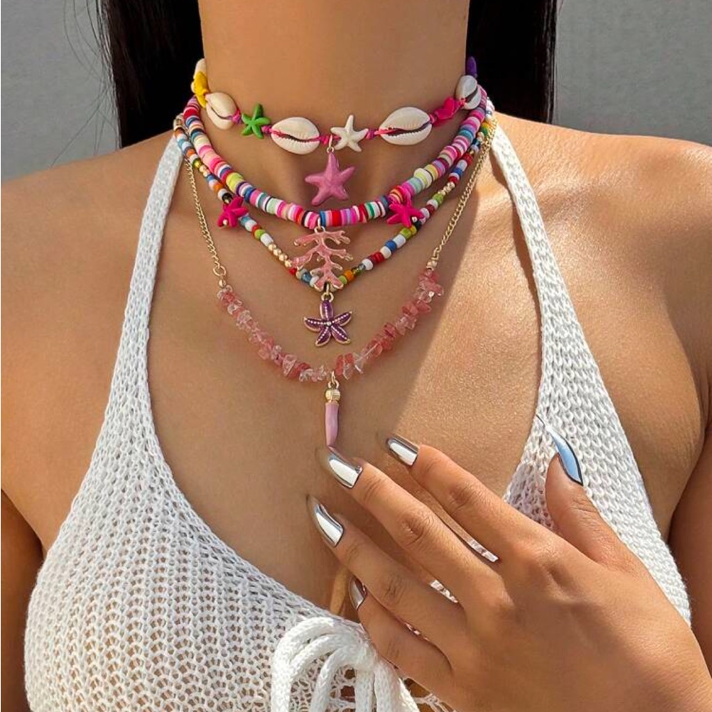 4pcs Bohemian Style Synthetic Resin Braided Shell Beaded Necklace Set